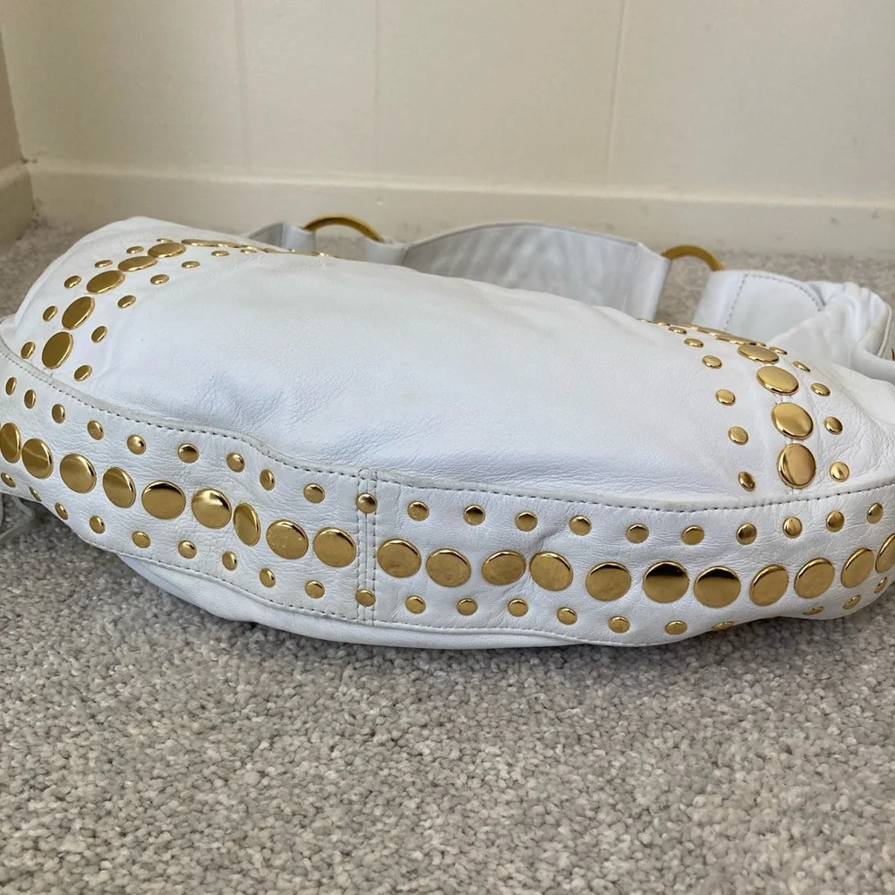 NWT ✨ Y2K Junior Drake White Leather Gold Studded Hobo Handbag Purse Bag